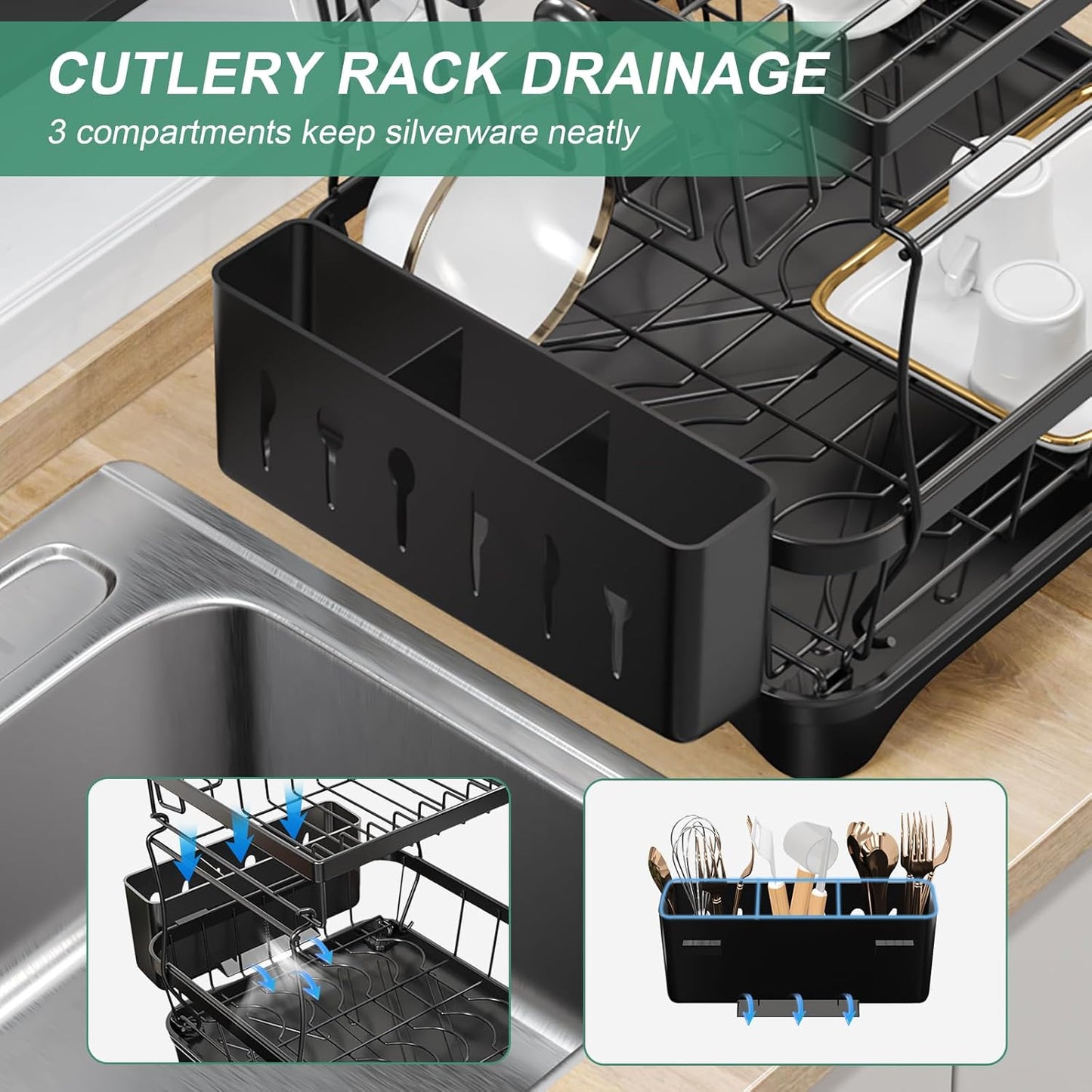 Dish Drying Rack, 2-Tier Large Dish Drying Rack for Kitchen Counter – Space Saving Dish Drainer Organizer with Utensil Holder and Cutlery Tray, Black