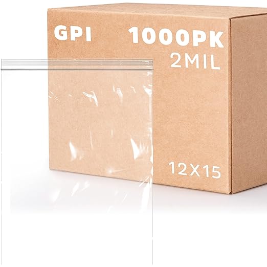 GPI Case of 1000, 12" X 15" Clear Plastic Reclosable Zip Bags- Bulk 2 Mil Thick Strong & Durable Poly Baggies with Resealable Zip Top Lock for Travel, Storage, Packaging & Shipping.