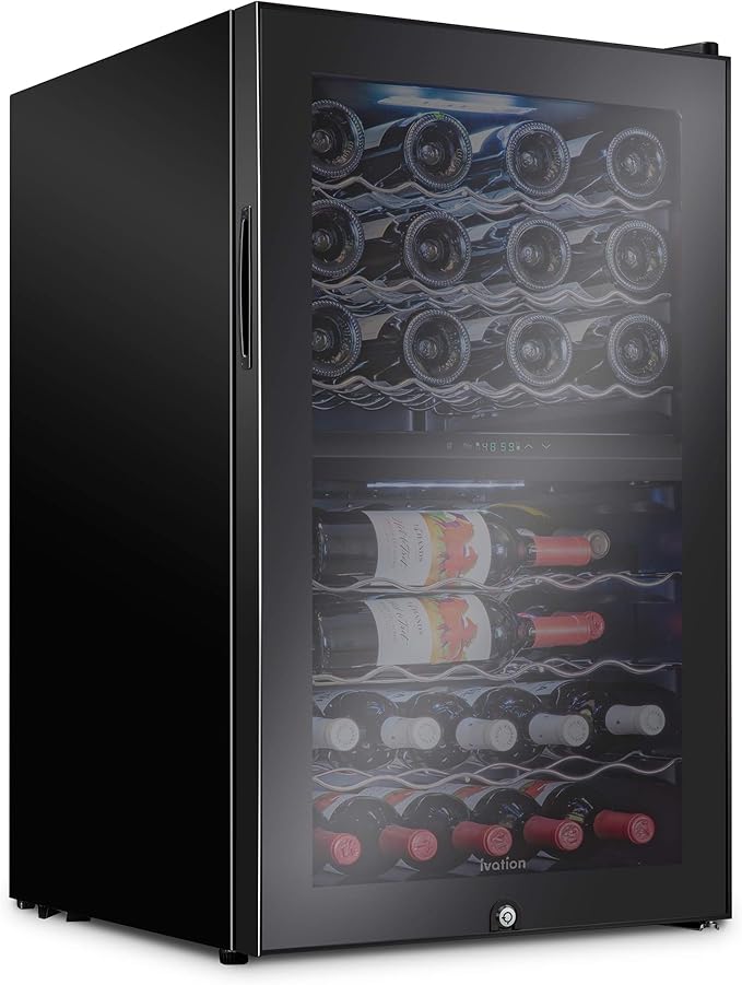 Ivation 43 Bottle Dual Zone Wine Cooler Refrigerator w/Lock | Large Freestanding Wine Cellar For Red, White, Champagne & Sparkling Wine | 41f-64f Digital Temperature Control Fridge Glass Door Black