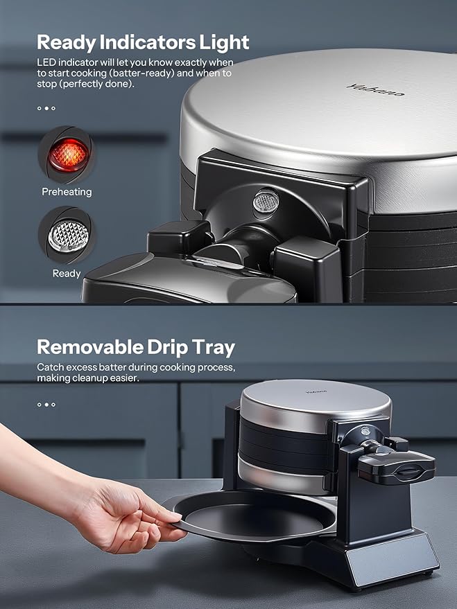 Yabano Belgian Waffle Maker - Professional Rotating Waffle Iron with Double Flip Technology, Nonstick Plates, Removable Drip Tray & Cool-Touch Handles