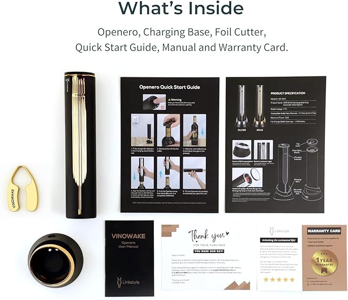 VINOWAKE Openero Electric Wine Opener By LINKSTYLE — Rechargeable Battery with Charging Base, Precision Steel Foil Cutter, Luxurious Matte Finish