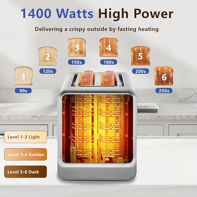 Smart Toaster 4 Slice, Touch Screen, Digital Toasters with 6 Browning Levels & 5 Bread Types, Bagel, Extra Long Wide Slots, Memory Function, Timer, 1400W, Stainless Steel