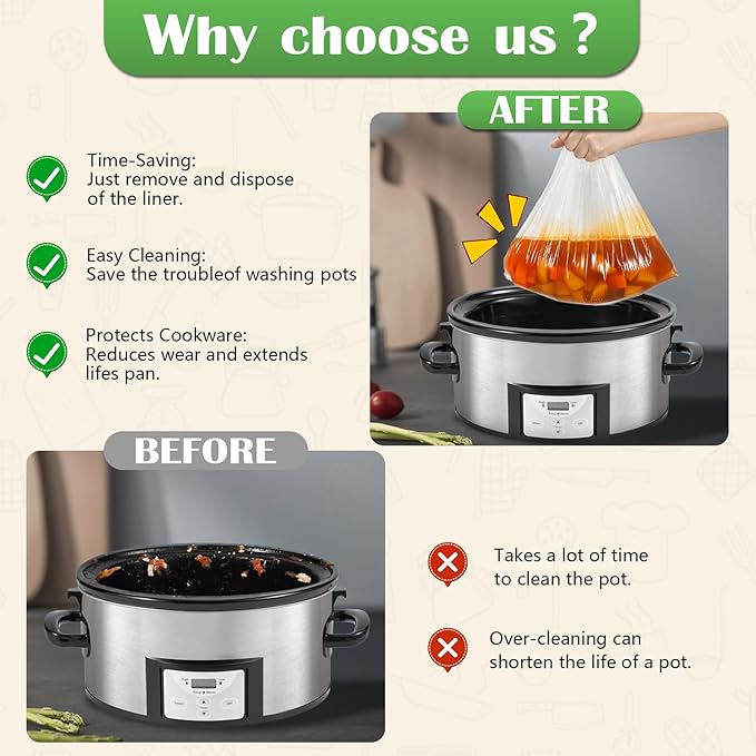 Slow Cooker Liners 3-8 Quarts Disposable Pot Liners 13"x21" Mess-Free Cooking & BPA Free Cooking Bags Suitable for Oval & Round Pots High-Temperature Resistant Liners(40 Liners)