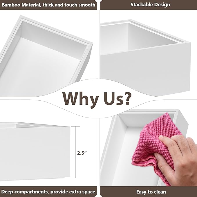 Kitchen Drawer Organizer Bins, Stackable Deep Bamboo Drawer Organizer for Silverware, Utensils, Cutlery, Flatware, Junk, Dresser, Bathroom, 15" x 6" x 2.5" (Set of 2)