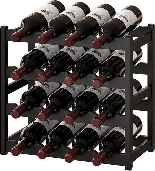 BMOSU Bamboo Wine Rack Wine Storage Cabinet Shelf 16 Bottle Wine Racks Countertop Sturdy for Kitchen Dining Room Pantry - 4 Tiers Wine Rack(Black)