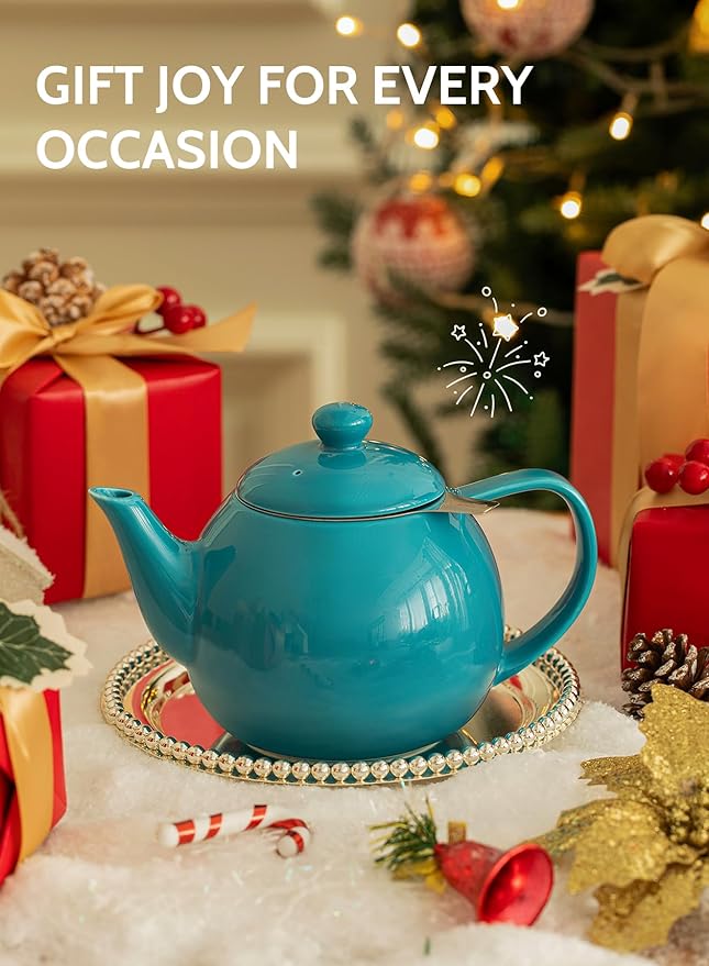 Sweese Teapot, Porcelain Tea Pot with Stainless Steel Infuser, Blooming & Loose Leaf Teapot - 27ounce, Steel Blue