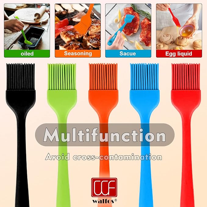 Walfos Silicone Pastry Brush, Heat Resistant Basting Brush Set, Perfect for Baking,BBQ Grill,Kitchen Cooking,Strong Steel Core and One-Pieces Design,BPA Free and Dishwasher Safe (5 Pcs)