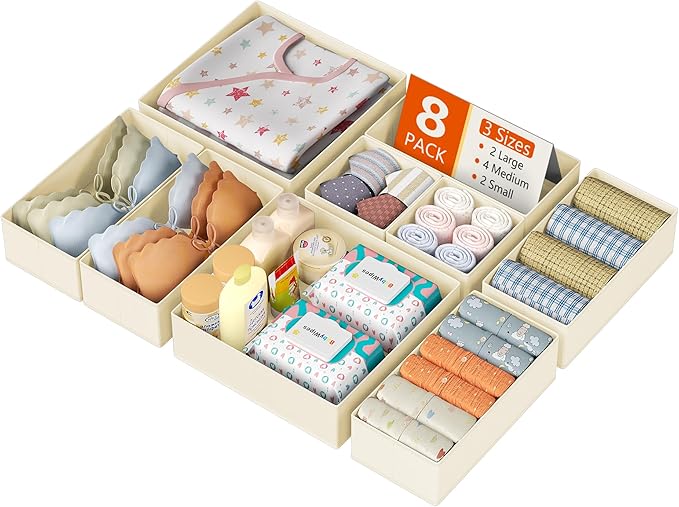 DIMJ Drawer Organizer Clothes, 8 Pack Dresser Organizer, Foldable Closet Organizers and Storage, Fabric Dresser Bins, Drawer Dividers for Nursery, Baby Clothes, Underwears, Sock (Beige)