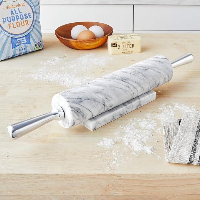 Fox Run 8648 Marble Rolling Pin and Base with Aluminum Handles, 2.5 x 17.5 x 3 inches, White