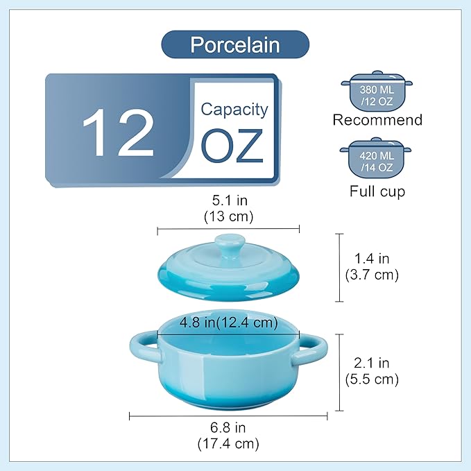 LOVECASA Mini Cocotte Set, 12 OZ Small Casserole Dishes with Lids, Soup Bowls With Handles, Individual Ramekins, Oven, Microwave & Dishwasher Safe, Set of 4, Blue
