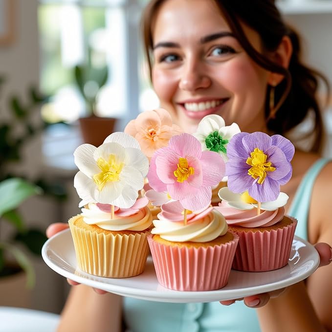 Easy Joy Cupcake Toppers, Wildflower Party Decorations, Flower Cupcake Toppers, Baby in Bloom Baby Shower Decorations for Kids Cake Birthday Party, Wedding, Flowers Wedding Themed Party 16PCS
