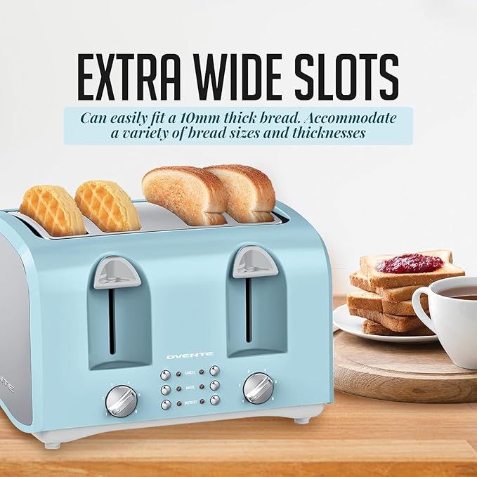 OVENTE Electric 4-Slice Toaster Machine with 6-Shade Selector Setting, Cancel Button, Defrost Function, Crumb Tray, 1400W Power and Wide Slots for Bagels, Waffles and Puff Pastry, Light Blue TS4410LBL
