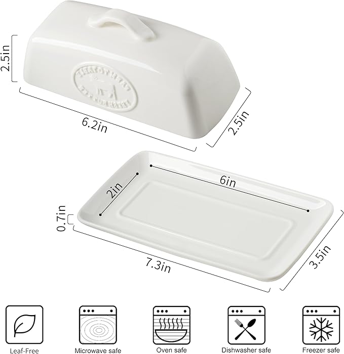 Cow Butter Dish, Ceramic Butter Dish with Lid for Countertop, White Butter Tray with Handle, Farmhouse Covered Butter Holder Container for East West Coast Butter Storage