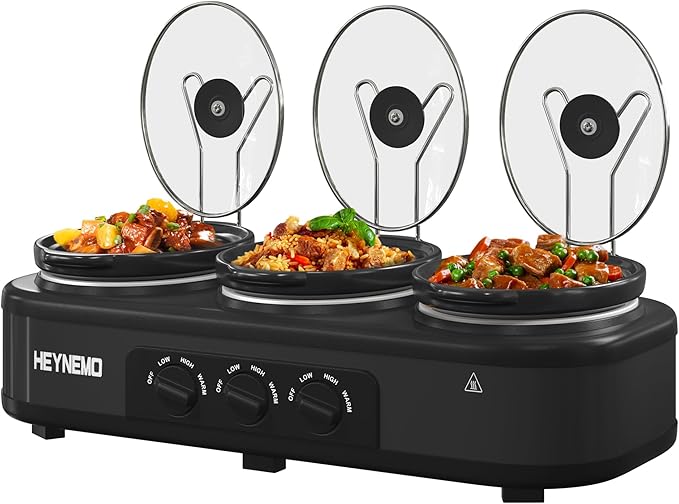 Triple Slow Cooker, 3 X 1.5QT Slow Cooker with 3 Cooking Settings, Buffet Servers and Warmers with Dishwasher-Safe Ceramic Pot, Glass Lid, Black