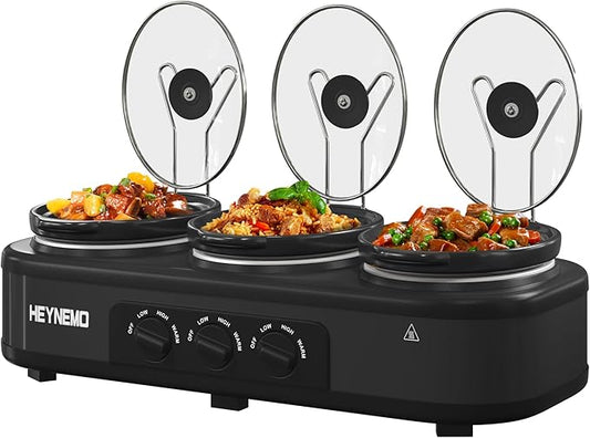 Triple Slow Cooker, 3 X 1.5QT Slow Cooker with 3 Cooking Settings, Buffet Servers and Warmers with Dishwasher-Safe Ceramic Pot, Glass Lid, Black