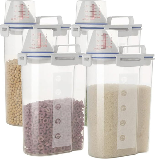 5.5 Lbs Rice Airtight Dry Food Storage Container Set of 4, Rice Storage Bin Cereal Containers Dispenser, Thicken Plastic Clear Food Storage Box with Pouring Spout, Measring Cup for Grain, Flour Snacks