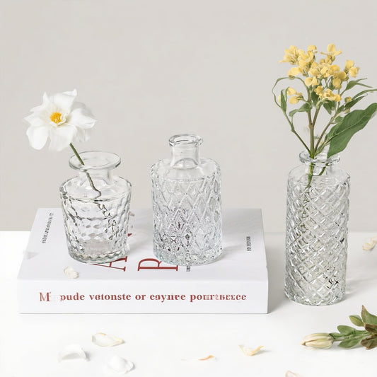 Glass Bud Vase Set of 3 Pcs Small Minimalist Vases for Flowers, Vintage Rustic Home Decor for Table Centerpiece Wedding Party, Modern Clear Aromatherapy Bottle for Living Room Bedroom