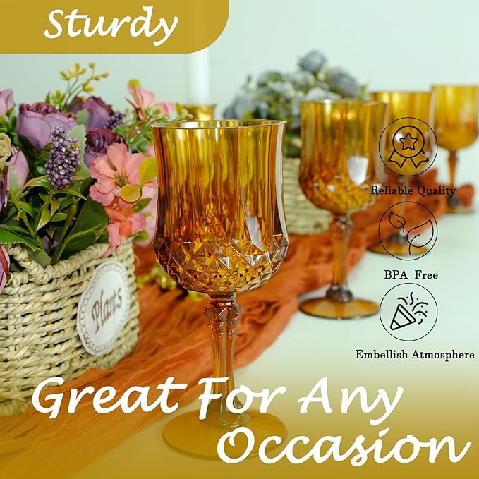 Plastic Wine Glasses，Plastic Goblets Vintage Style Cordial Drinking Glasses for Wedding Reception, Grand Event Party Supplies (12, Amber)