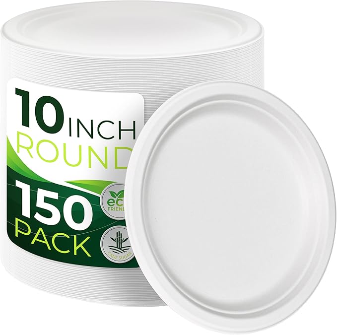 150pcs 100% Compostable Paper Plates (10in), Heavy Duty, Eco Friendly, Biodegradable Made of Sugarcane Fiber