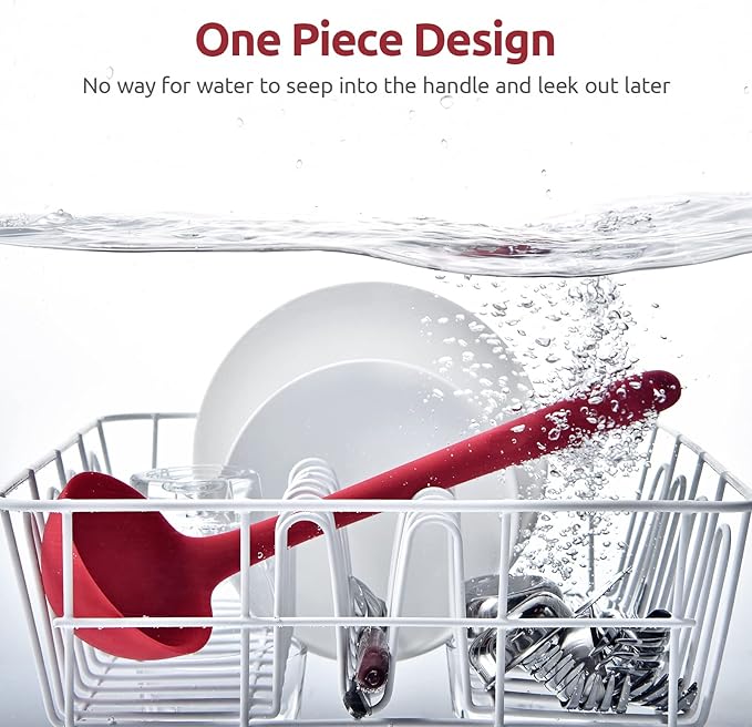 13 inch Silicone Soup Ladle: U-Taste 600ºF Heat Resistant 4 oz Large Non-stick Seamless Rubber Kitchen Deep Serving Spoon with Non Slip Solid Long Handle for Cooking Sauce/Stews/Gravies/Chili (Red)