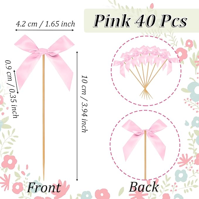 Pink Bow Cupcake Toppers, 40 Pcs Bow Cake Topper Birthday Decorations Bowknot Cupcake Picks for Coquette Theme Party Decoration Bachelorette Bridal Engagement Wedding Baby Shower Party Decor