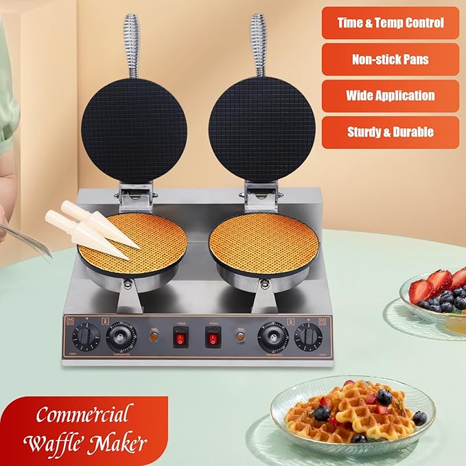 Waffle Cone Maker Non-stick Ice Cream Cone Maker, 1200W 8.19'' Stainless Steel Non-Stick Egg Roll Cone Baker Waffle Roll Maker, for Restaurant, Home Kitchen, Bakeries, Snack Bar Use