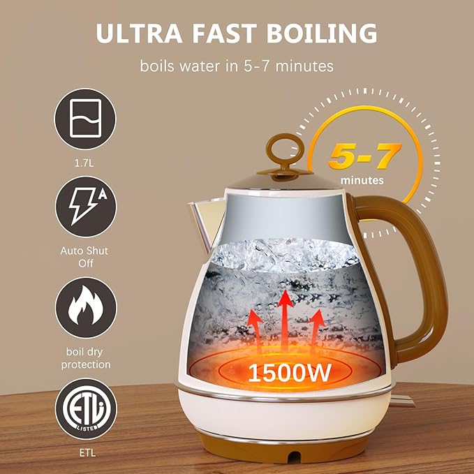 1.7L Electric Kettles, BPA Free Tea Kettle, Hot Water Boiler Heater, Stainless Steel Teapot, Auto Shut-Off & Boil-Dry Protection, 120V/1500W