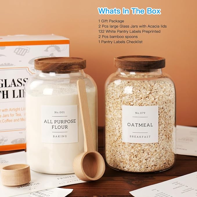 2 PCS Large Glass Jar with Airtight Lid, Glass Food Storage Jars for Tea,Spice,Cereal, Egg,Flour,Coffee and More(70 FL OZ/2000 ml)