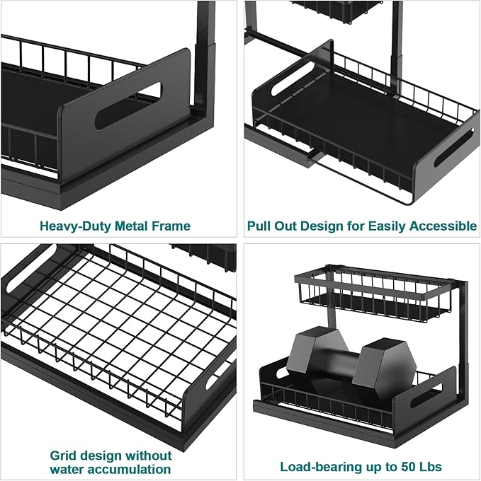bukfen Under Sink Organizer, Pull Out Cabinet Organizer 2-Tier Slide Out Sliding Shelf Under Cabinet Storage Multi-Use for Under Kitchen Bathroom Sink Organizers and Storage