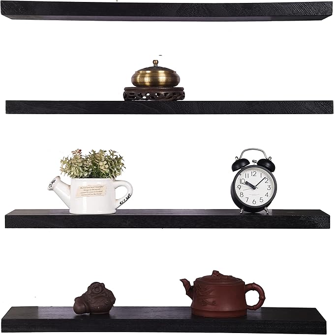 Wood Floating Shelves for Wall, Wooden Wall Shelves for Bedroom, Wall Mounted Shelves for Living Room, Set of 4 Black 24 Inch