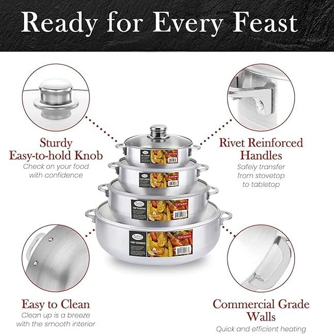 Alpine Cuisine Premium 8-Piece Nonstick Aluminum Caldero Set with Lids | Versatile Pots for Stews, Rice & Soups in 2, 3.5, 7, 13 Quart Sizes | Silver