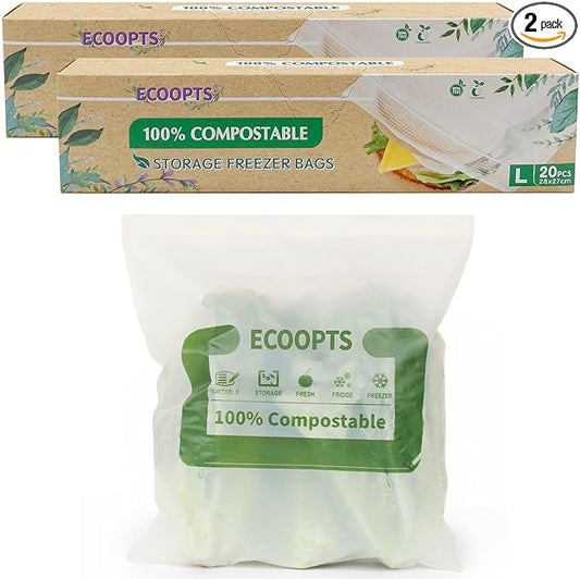 100% Compostable Large Sandwich Zip Bag | ECO-Friendly Food Storage Bags | Freezer Bag | Plant-Based BPA-free | Seal well for Fruit,Food and Snack (L-2Pack)