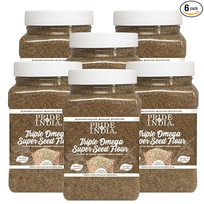 Pride of India - PACK of 6 - Triple Omega Superseed Flour 1 lbs (454 gm) Nutty Earthy Taste Milled in Small Batches | Chia Flax Sesame Seed mix | Used for Cooking Baking Coating Muffins Smoothies