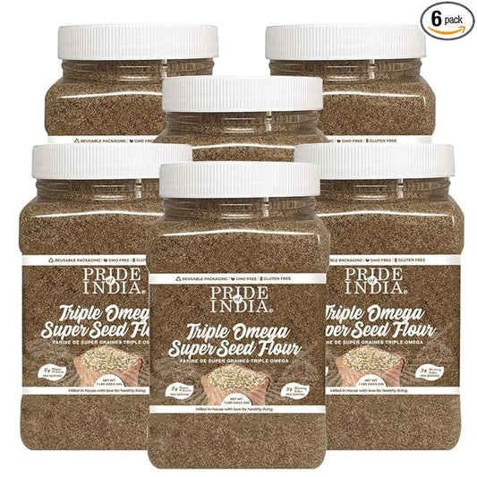 Pride of India - PACK of 6 - Triple Omega Superseed Flour 1 lbs (454 gm) Nutty Earthy Taste Milled in Small Batches | Chia Flax Sesame Seed mix | Used for Cooking Baking Coating Muffins Smoothies