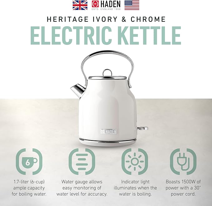 Haden Heritage 1.7 Liter Stainless Steel Electric Kettle, Hot Water Kettle with 360-Degree Base and Auto Shutoff, Ivory & Chrome