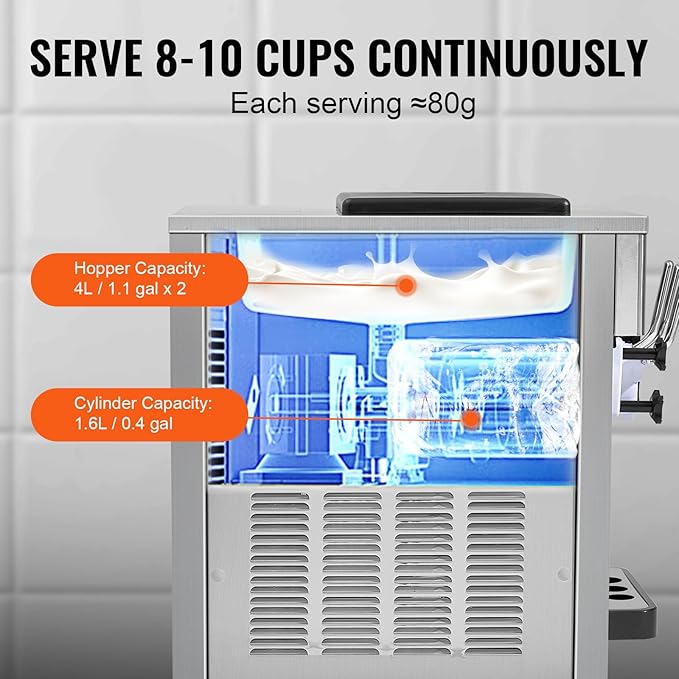 VEVOR Commercial Ice Cream Machine, 21 QT/H Yield, 1800W 3-Flavor Countertop Soft Serve Ice Cream Maker, 2 x 4L Hopper 2 x 1.8L Cylinder, LCD Panel Auto Clean Pre-cooling, for Restaurant Snack Bar