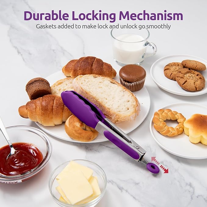 600ºF Heat Resistant Kitchen Tong: U-Taste 7 inch Silicone Cooking Tong with Firm Sealed Non Stick Rubber Tips & Silicon Coated 18/8 Stainless Steel Handle & Smooth Locking for Serving Salad (Purple)