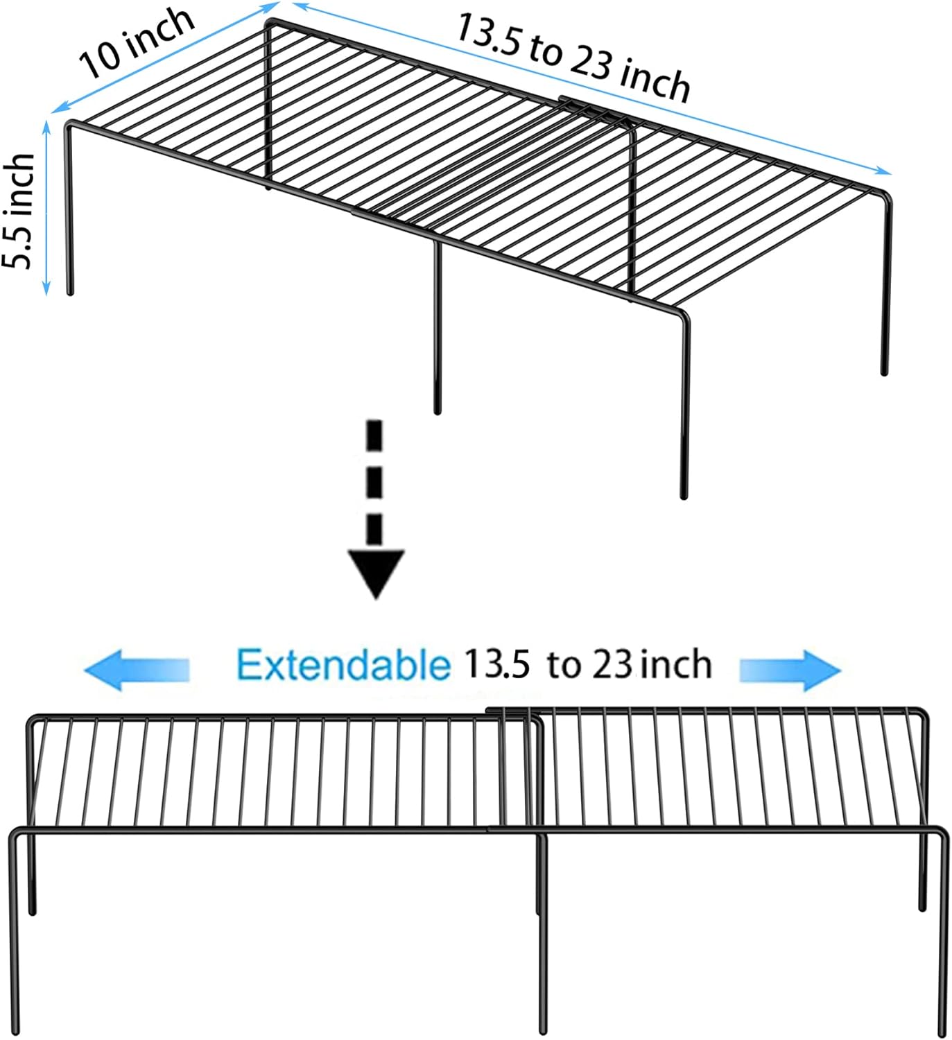 Redrubbit Expandable Shelf Rack, Rustproof Metal Storage Organizer for Kitchen, Fridge, Bathroom, Black