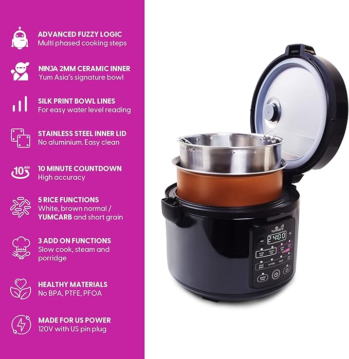 Yum Asia Kumo YumCarb Rice Cooker with Ceramic Bowl and Advanced Fuzzy Logic, (5.5 Cups, 1 Litre), 5 Rice Cooking Functions, 3 Multicooker Functions, 110V US Power (Dark Stainless Steel)