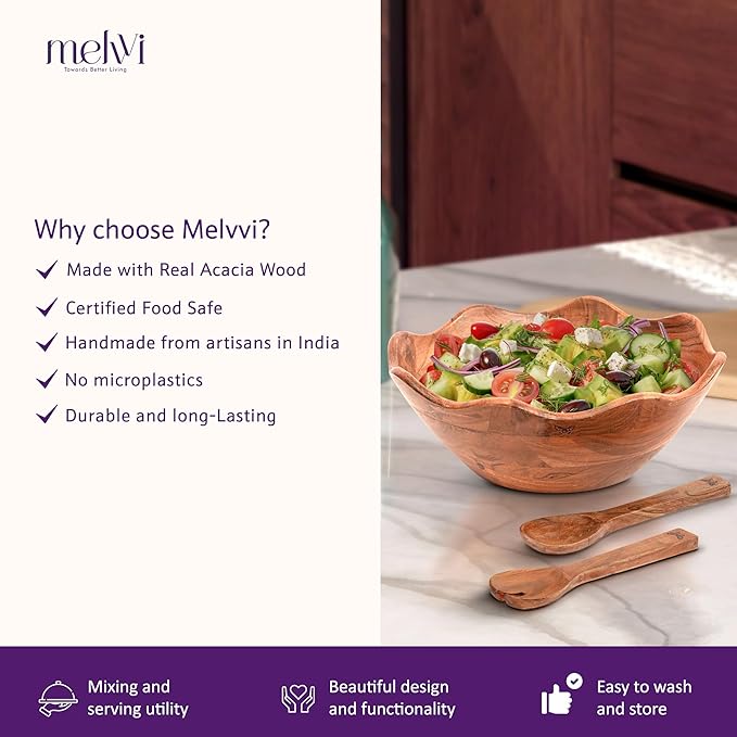 Melvvi Large Wooden Salad Bowl Set with 2 Small Bowls and 2 Serving Utensils | 12" & 6" Acacia Wood Bowls for Food | Great Gift for Kitchen & Dining (Natural Set of 5) (Natural Set of 3)