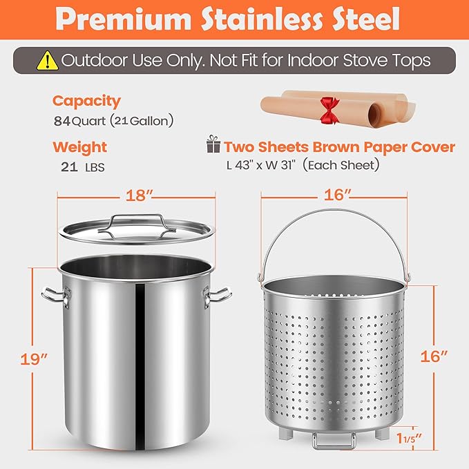 ARC 84-Quart Stainless Steel Seafood Boil Pot with Basket and 2 Brown-paper Table Cover, Larger Crab Pot for Cooking, Stock Pot for Crawfish, Crab, Lobster, Shrimp and Turkey Fryer, 21 Gallon