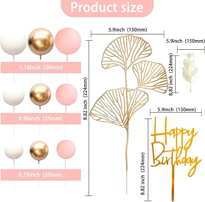 Gyufise 57Pcs Balls Cake Topper Boho Grass Cake topper Pearl Balls Acrylic Happy Birthday Cake Decorations for Wedding Baby Shower Birthday Boho Themed Party Supplies Pink