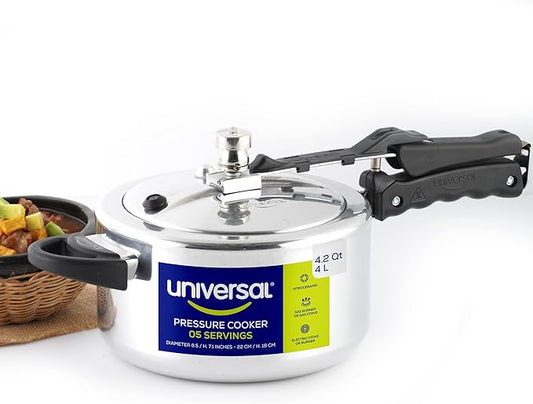 Universal (4.2 Quart / 4 Liter) Pressure Cooker, 5 Servings, Aluminum Pressure Cooker With Multiple Safety Systems and Heat Resistant Handles For Stews, Soup, Meat, and Beans