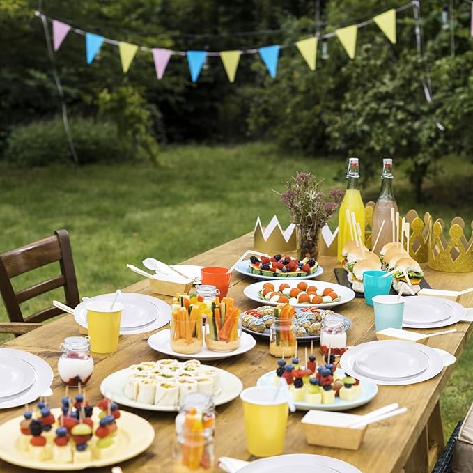 PULOTE 200 Pieces White Plastic Plates Disposable - Include 100PCS 10 inch Dinner & 100PCS 7 inch Dessert Plates, Ideal for Party & Wedding