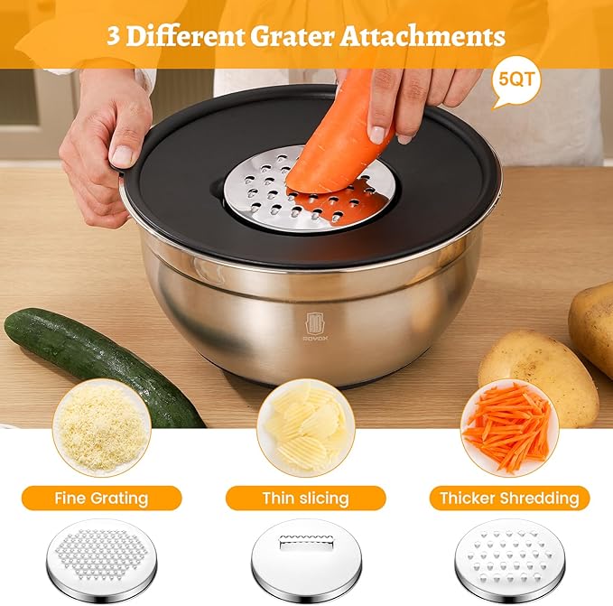 ROYDX Stainless Steel Mixing Bowls With BPA Free Airtight Lids &3 Grater Attachments,Non-Slip Bottoms- 33% Thick Metal Nesting Bowls for Mixing & Serving