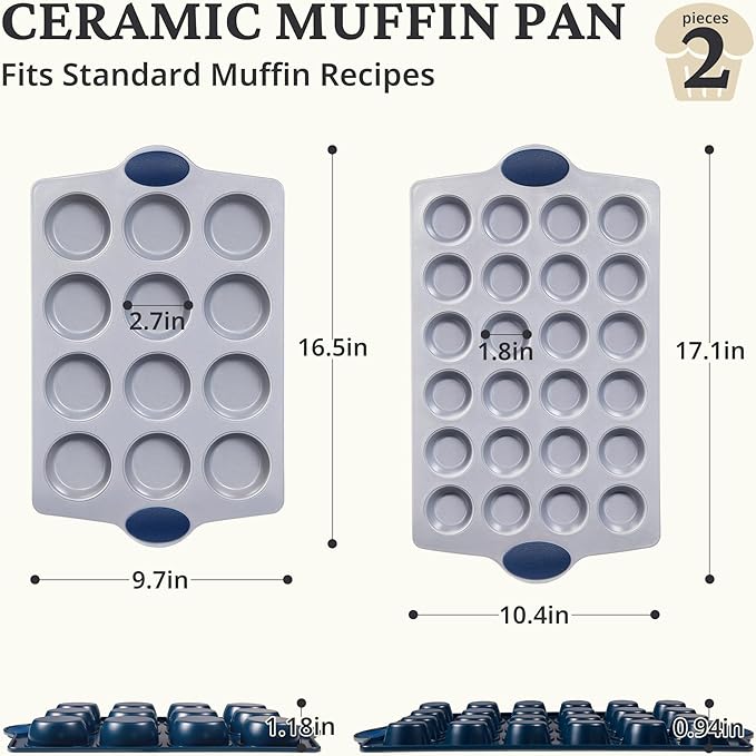 BRONYPRO Ceramic Muffin Pan, 12-Cup and 24-Cup Nonstick Aluminized Steel Mini Cupcake Pans, Healthy Non-Toxic Ceramic Coating Muffin Tin, 2 Pack Cup Cake Pans for Baking Blue