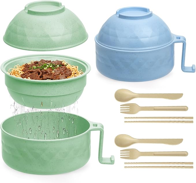 2 Sets Microwave Ramen Cooker,33 oz Ramen Bowl Set,Microwave Noodle Bowl,Ramen Bowl With Chopsticks and Spoon, College Dorm Room Essentials, Apartment Essentials, BPA-Free (green blue)