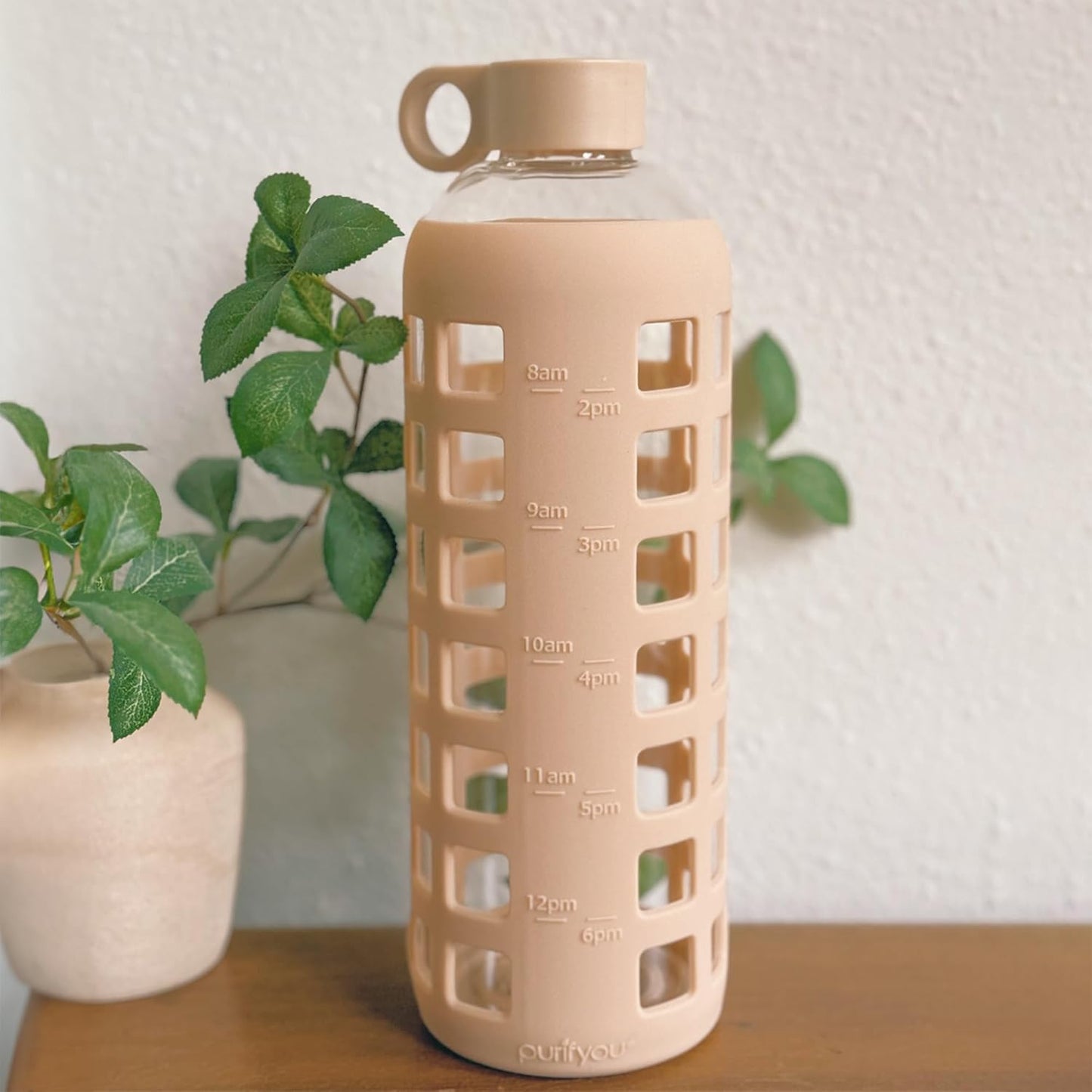 purifyou 40oz / 32oz / 22oz / 12oz Borosilicate Glass Water Bottle with Time & Volume Markers, Silicone Sleeve, Stainless Steel Lid – Reusable Glass Bottle for Water & Juice (40oz Hazelnut)