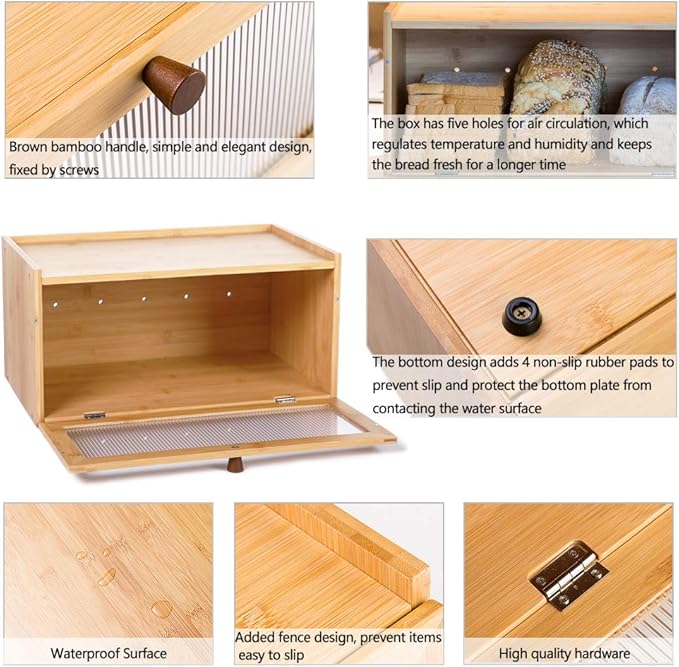 Bamboo Bread Box for Kitchen Counter-Large Capacity Bread Storage Container Farmhouse Bread Box with Window Bread Holder