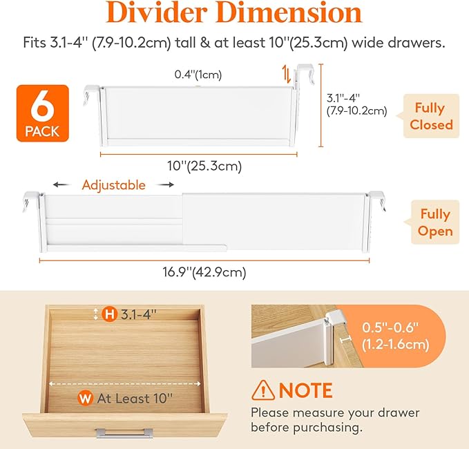 Lifewit Hanging Kitchen Drawer Dividers 3.1" High, 10-17" Adjustable Drawer Organizers for Utensils, Expandable Dresser Separators in Kitchen/Bedroom/Bathroom/Vanity/Office, White(6 Pack)